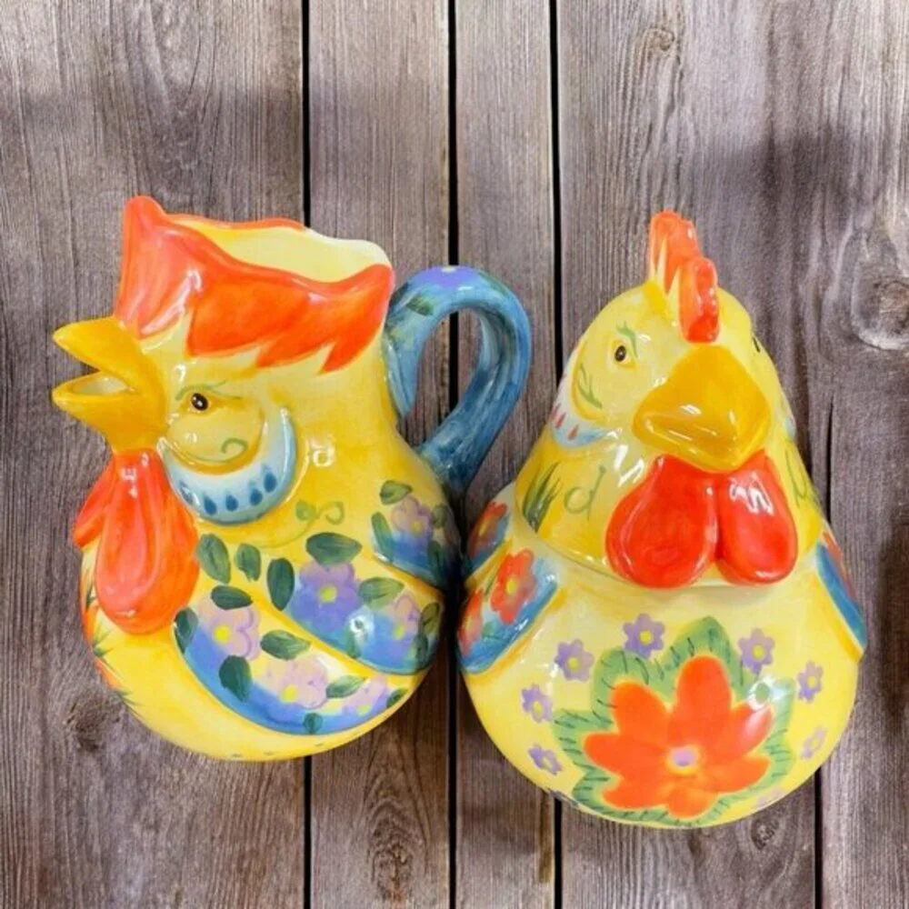 Fontana‎ Dario Farrucci Collection Set Rooster Sugar Bowl Creamer And Tray Set